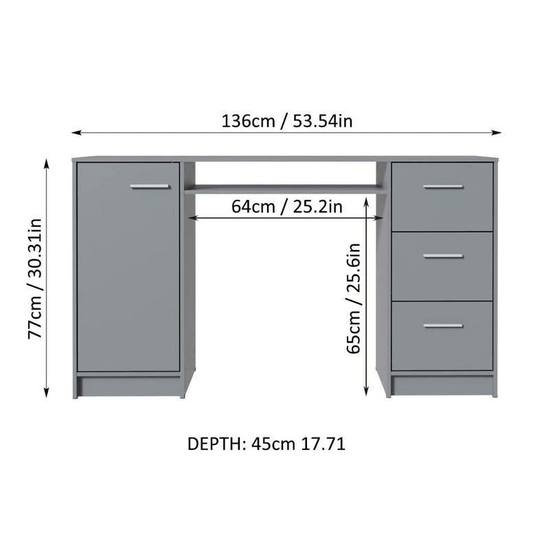 MADESA Home Office Computer Writing Desk with 3 Drawers, 1 Door and 1 Storage Shelf, Wood, 136 W x 77 H x 45 D Cm – Grey