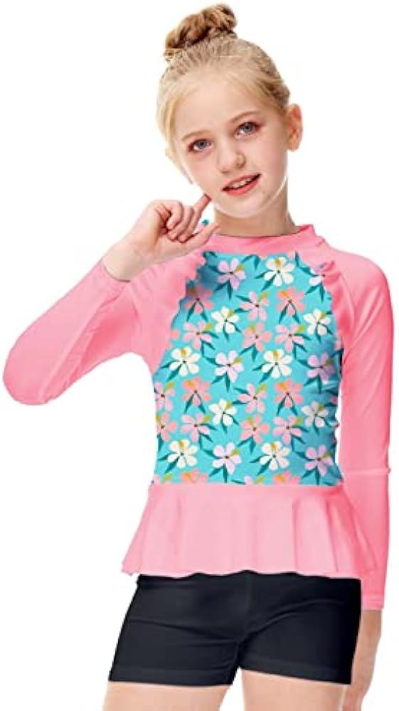 AOBUTE Girls Rash Guard Shirt Raglan Long Sleeve Ruffle Hem Swim Tops 3-12 Years