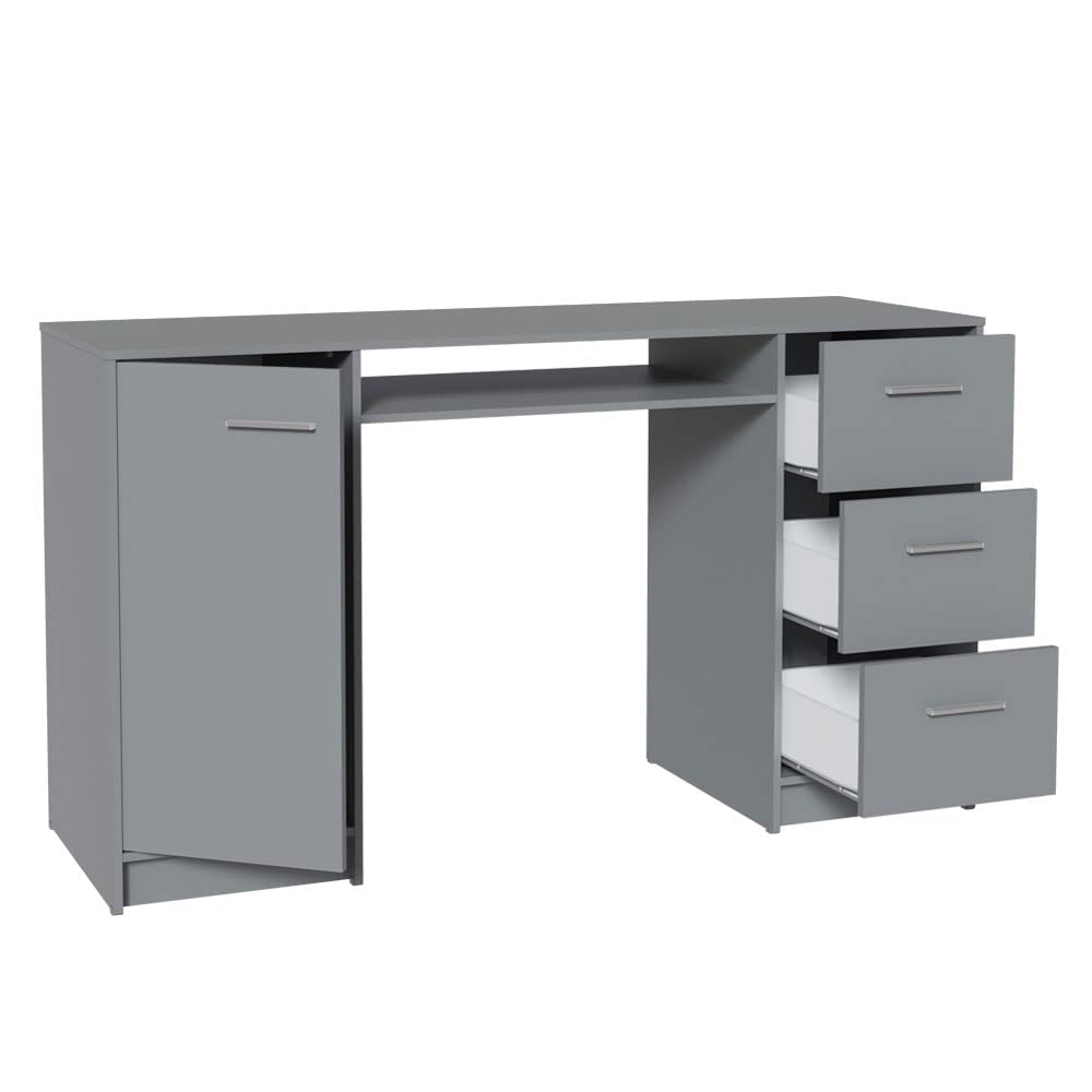 MADESA Home Office Computer Writing Desk with 3 Drawers, 1 Door and 1 Storage Shelf, Wood, 136 W x 77 H x 45 D Cm – Grey