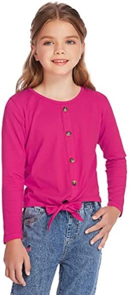 Hopeac Girls Long Sleeve Shirts Tie Front Knot Button Plain Cotton Casual Cute Tunic Tee Tops Blouse Undershirt