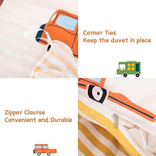 Cars Kids Duvet Cover Set Full Size, 3 Pieces 100% Cotton Kids Bedding Set for Boys Girls, Reversible Yellow Stripes Comforter Cover Set (1 Duvet Cover+2 Pillowcases)