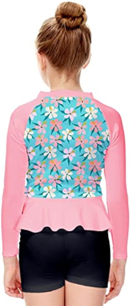 AOBUTE Girls Rash Guard Shirt Raglan Long Sleeve Ruffle Hem Swim Tops 3-12 Years