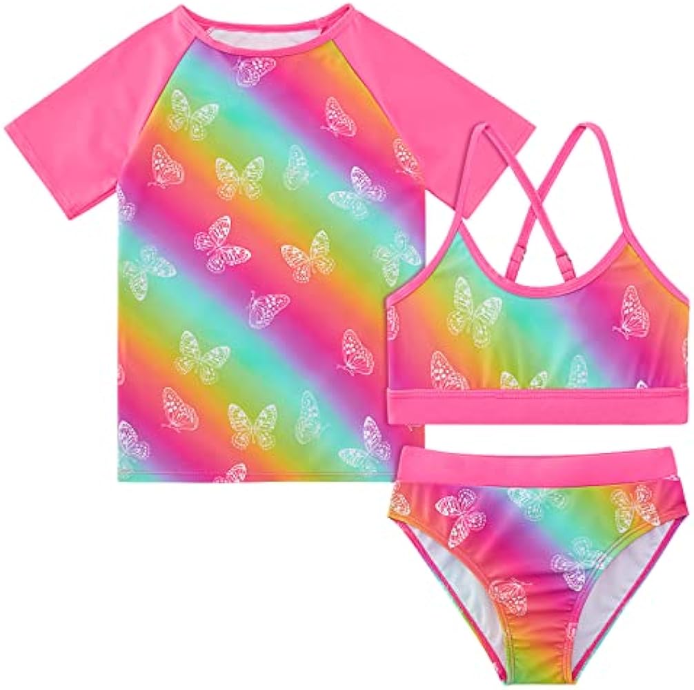 Vogseek Rash Guard Swimwear Girls 3-Piece Short Sleeve Swimsuit Kids Bathing Suit UPF 50+ Quick Dry Bikini Girls 7T-13T