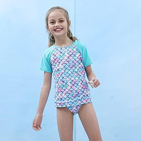 Vogseek Rash Guard Swimwear Girls 3-Piece Short Sleeve Swimsuit Kids Bathing Suit UPF 50+ Quick Dry Bikini Girls 7T-13T