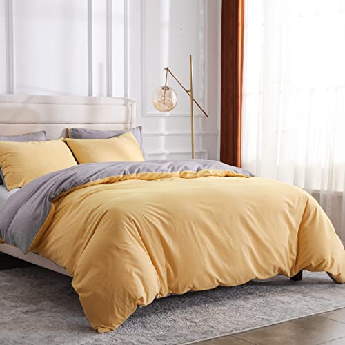 KAKABELL 100% Washed Cotton Linen Duvet Covers Set,Luxury Soft and Breathable Portable Openings 3 Piece Bedding Set,1200 Thread Count,with 8 Corner Ties 90x90 Inches(Light Yellow Grey,Full/Queen)