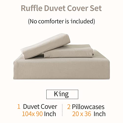 Andency Khaki Duvet Cover King(104x90Inch), 3 Pieces(1 Ruffled Duvet Cover and 2 Pillowcases) Farmhouse Shabby Chic Duvet Cover, Soft Microfiber Duvet Cover Set with Zipper Closure & Corner Ties