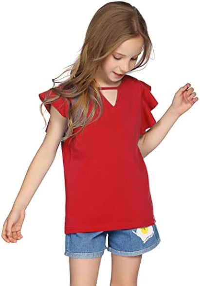 Greatchy Girls Shirts Short Sleeve Tee Ruffle Solid Summer Keyhole Neck Cotton Blouse Tops