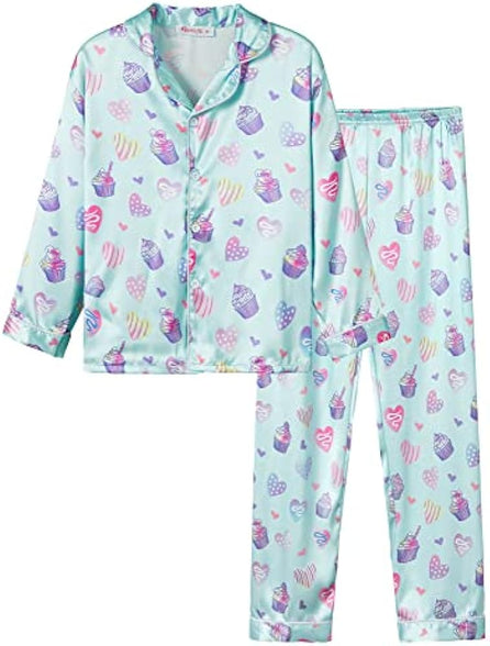 Satin Pajamas for Girls – Coat Style Unicorn Long Sleeve Silk Button Down PJ Set Size 6-16