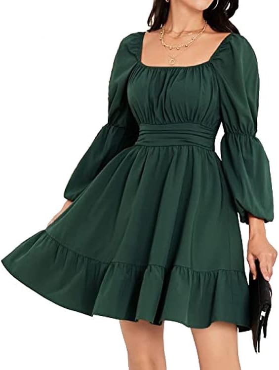 Womens Casual Dresses Square Neck Dress Puff Slevee Bow Smocked Flowy Off-Shoulder Ruffle Swing Flounce Dresses