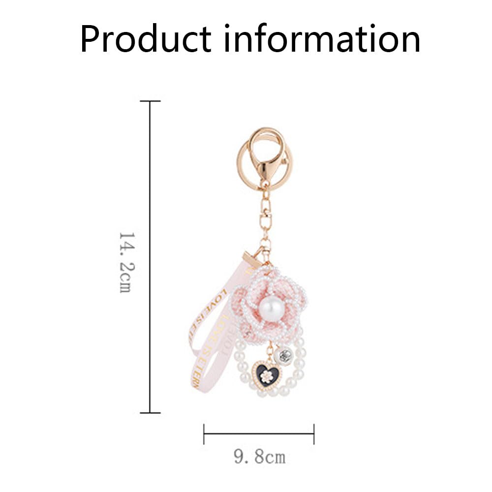 Goodern Camellia Pearl Pendant Keychain,Fashion Flower Keychain with Love Pendant Creative Camellia Ribbon Pearl Keychain Crafts Key Pendant Car Handbag Key Ring Decorations for Women Girl-White