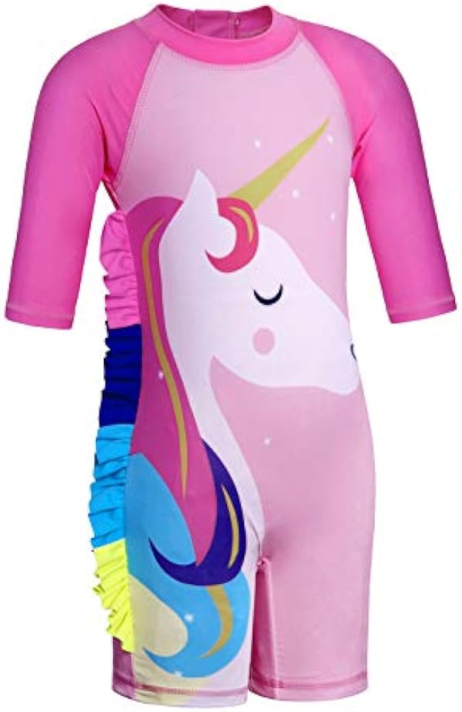 WonderBabe Unicorn/Flamingos Girls UV Swimsuit Kids Sun Protection Swimming Costume One Piece Round-Neck Swimwear Rash Guard Bathing Suit Surfing Sunsuit 1-8 Years