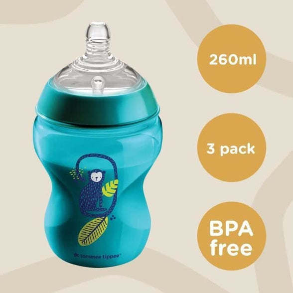 Tommee Tippee Closer to Nature Baby Bottles: 3-Pack of 260ml Feeding Bottles with Slow-Flow, Breast-Like Teats, Built-In Anti-Colic Valve, Easy-Clean Design, BPA-Free, Jungle Blues Pattern