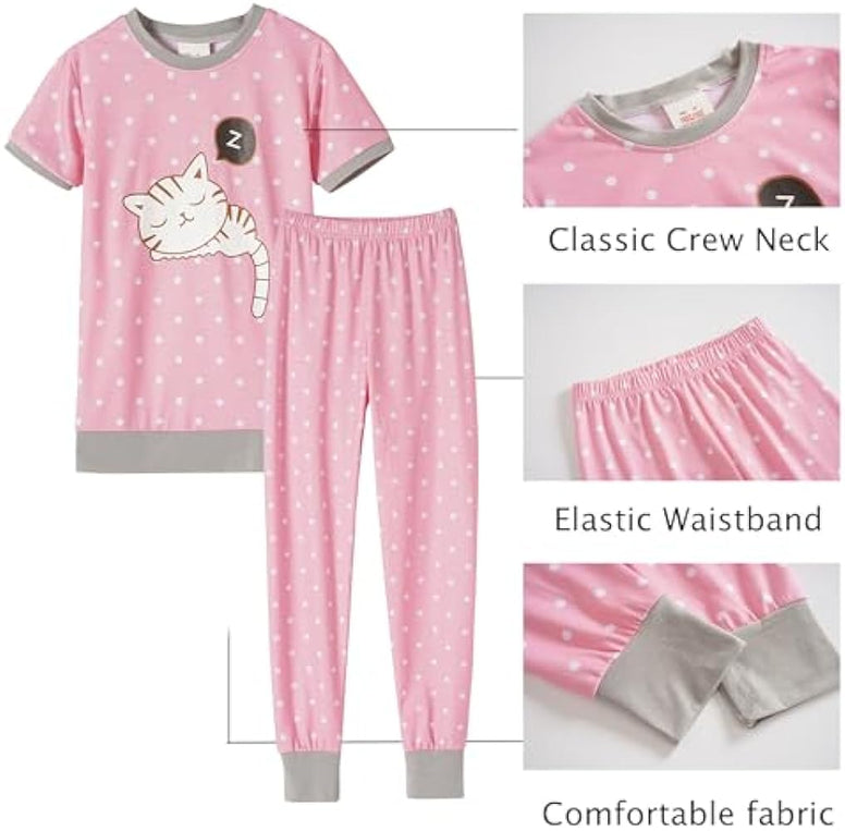 MyFav Babies, Toddlers and Girls' 4-Piece Snug Fit Cotton Pajama Set, Print Short Sleeve Loungewear