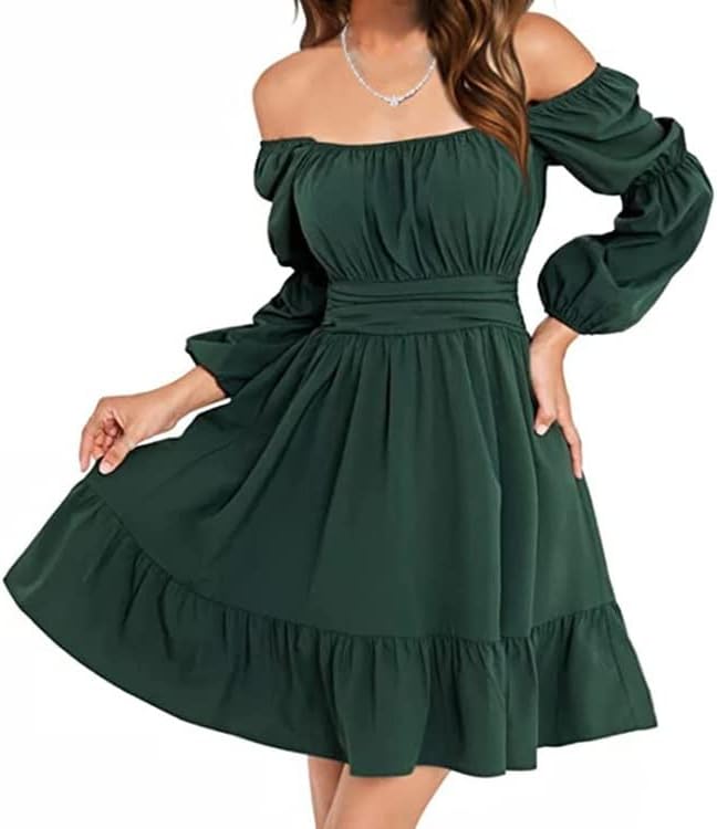 Womens Casual Dresses Square Neck Dress Puff Slevee Bow Smocked Flowy Off-Shoulder Ruffle Swing Flounce Dresses