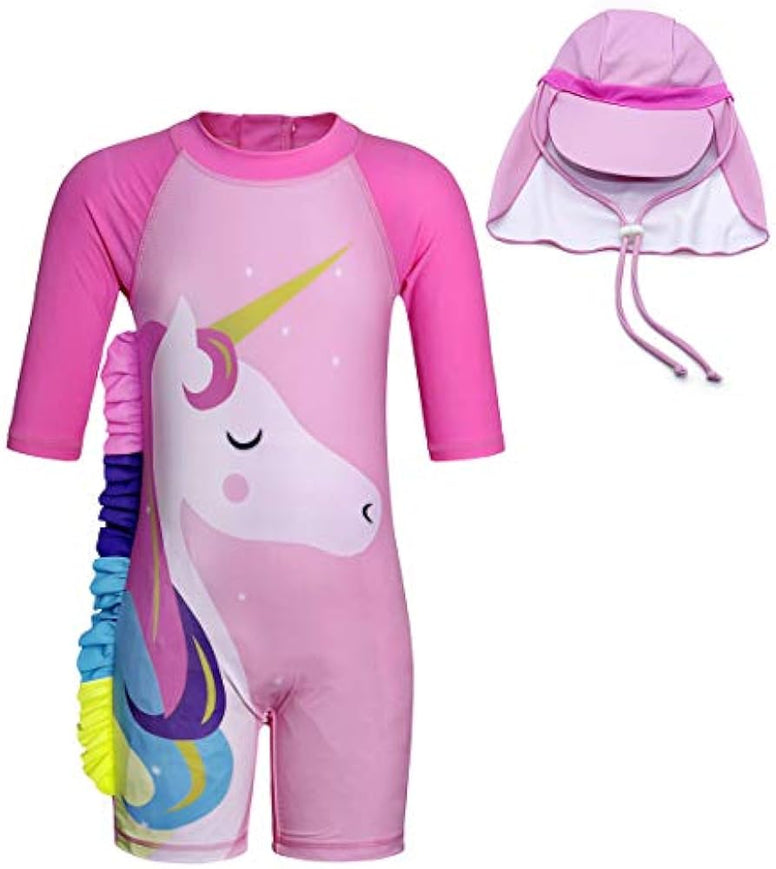 WonderBabe Unicorn/Flamingos Girls UV Swimsuit Kids Sun Protection Swimming Costume One Piece Round-Neck Swimwear Rash Guard Bathing Suit Surfing Sunsuit 1-8 Years