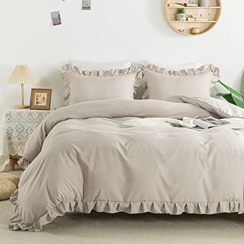 Andency Khaki Duvet Cover King(104x90Inch), 3 Pieces(1 Ruffled Duvet Cover and 2 Pillowcases) Farmhouse Shabby Chic Duvet Cover, Soft Microfiber Duvet Cover Set with Zipper Closure & Corner Ties