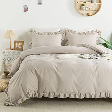 Andency Khaki Duvet Cover King(104x90Inch), 3 Pieces(1 Ruffled Duvet Cover and 2 Pillowcases) Farmhouse Shabby Chic Duvet Cover, Soft Microfiber Duvet Cover Set with Zipper Closure & Corner Ties