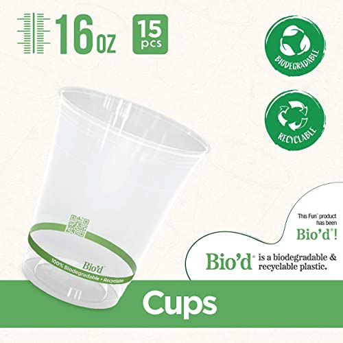 Fun® Biodegradable disposable clear plastic cup 16 Oz for Juices, Water, Cold Drinks,Drinking Cups, White Party Cups for Birthday Parties, Picnics, Ceremonies, and Weddings (Pack of 15)