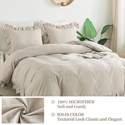 Andency Khaki Duvet Cover King(104x90Inch), 3 Pieces(1 Ruffled Duvet Cover and 2 Pillowcases) Farmhouse Shabby Chic Duvet Cover, Soft Microfiber Duvet Cover Set with Zipper Closure & Corner Ties