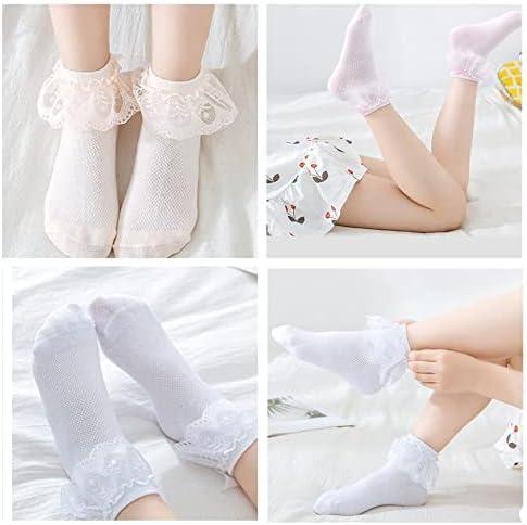 NALACAL 6 Pairs Girls Frilly Socks, Fancy Lace Cotton Ankle Socks Girls Lace Socks, School Lace Socks, White Princess Dance Dress Socks for Age 5-8