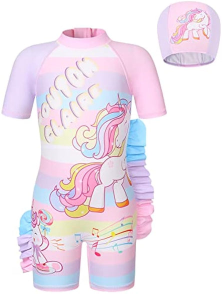 WonderBabe Unicorn/Flamingos Girls UV Swimsuit Kids Sun Protection Swimming Costume One Piece Round-Neck Swimwear Rash Guard Bathing Suit Surfing Sunsuit 1-8 Years