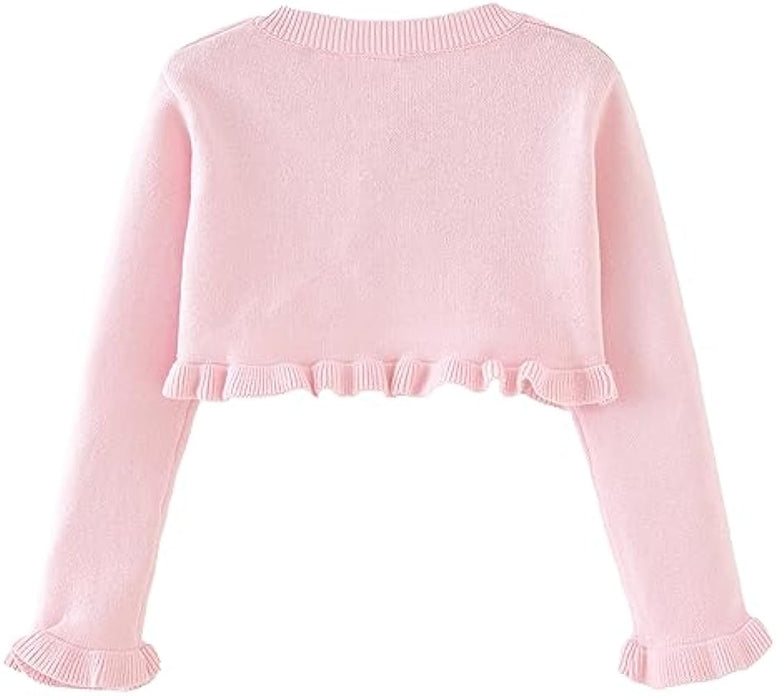 Girls’ Bolero Cardigan Long Sleeve Knitted Shrug Sweaters Button Closure Lace Ruffle Shawl Cropped Dress Up Tops Jacket