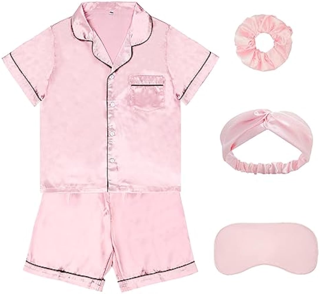 ALHAVONE Kids Girl Pajama Set with Headband Blindfold Hair Tie Toddler Boy Girl Satin Silky Button-up Pajama Sleepwear