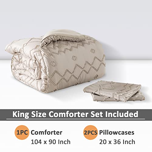 Andency Khaki Tufted Comforter Set King(104x90Inch), 3 Pieces(1 Tufts Comforter, 2 Pillowcases) Boho Textured Farmhouse Comforter, Microfiber Down Alternative Geometric Comforter Bedding Set