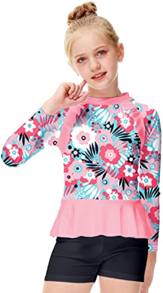 AOBUTE Girls Rash Guard Shirt Raglan Long Sleeve Ruffle Hem Swim Tops 3-12 Years