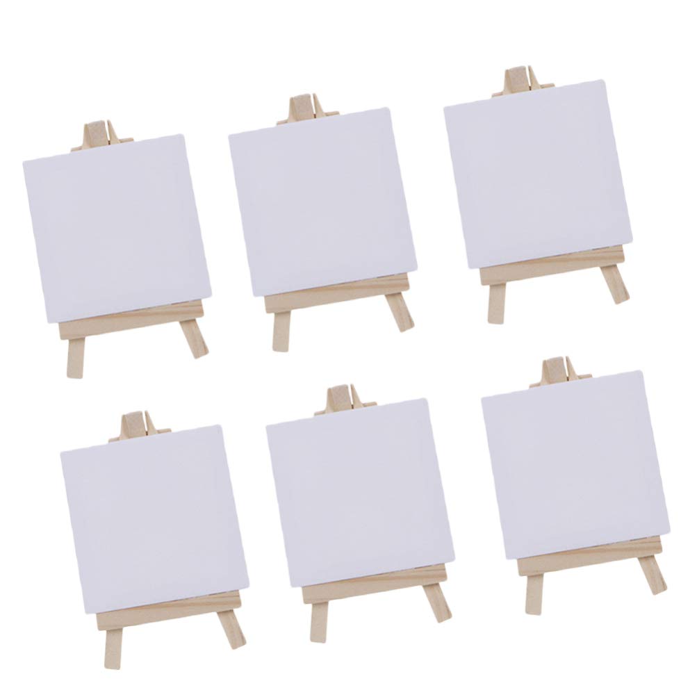 Toyvian 6 Sets Mini Canvas White Blank Small Canvas with Wooden Easel Canvas Panel Boards for Artist Painting Business Wedding Christmas Decoration