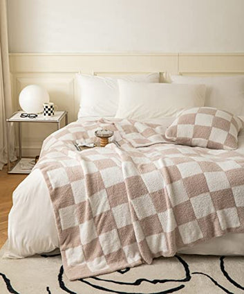 Ultra Soft Cozy Buffalo Checkerboard Grid Fluffy Microfiber Knitted Throw Blanket Lightweight Fleece Checkered Blanket for Sofa Couch Bed Travel Cream 51