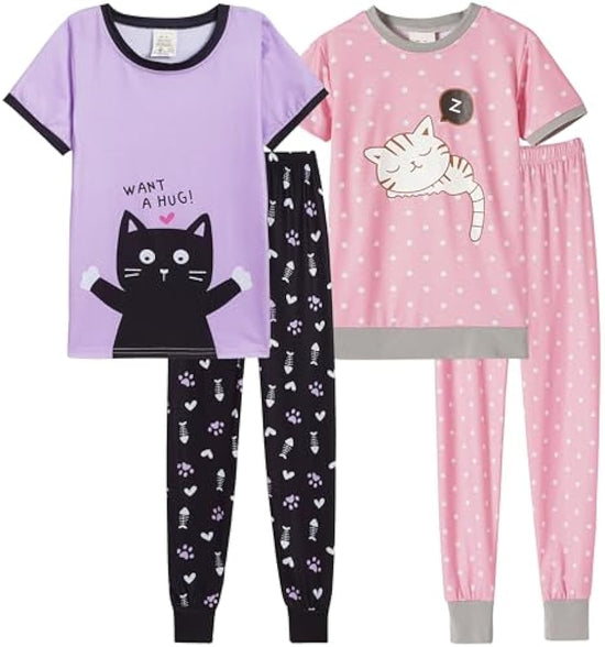 MyFav Babies, Toddlers and Girls' 4-Piece Snug Fit Cotton Pajama Set, Print Short Sleeve Loungewear