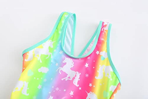 KuKiee Girls One Piece Rainbow Unicorn Swimsuit Stars Print Swimwear Bathing Suit