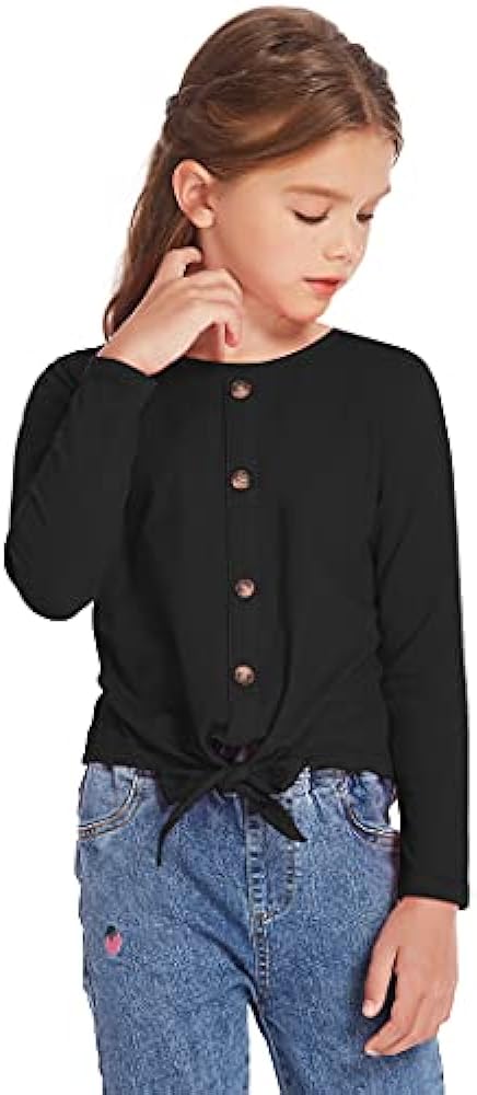 Hopeac Girls Long Sleeve Shirts Tie Front Knot Button Plain Cotton Casual Cute Tunic Tee Tops Blouse Undershirt