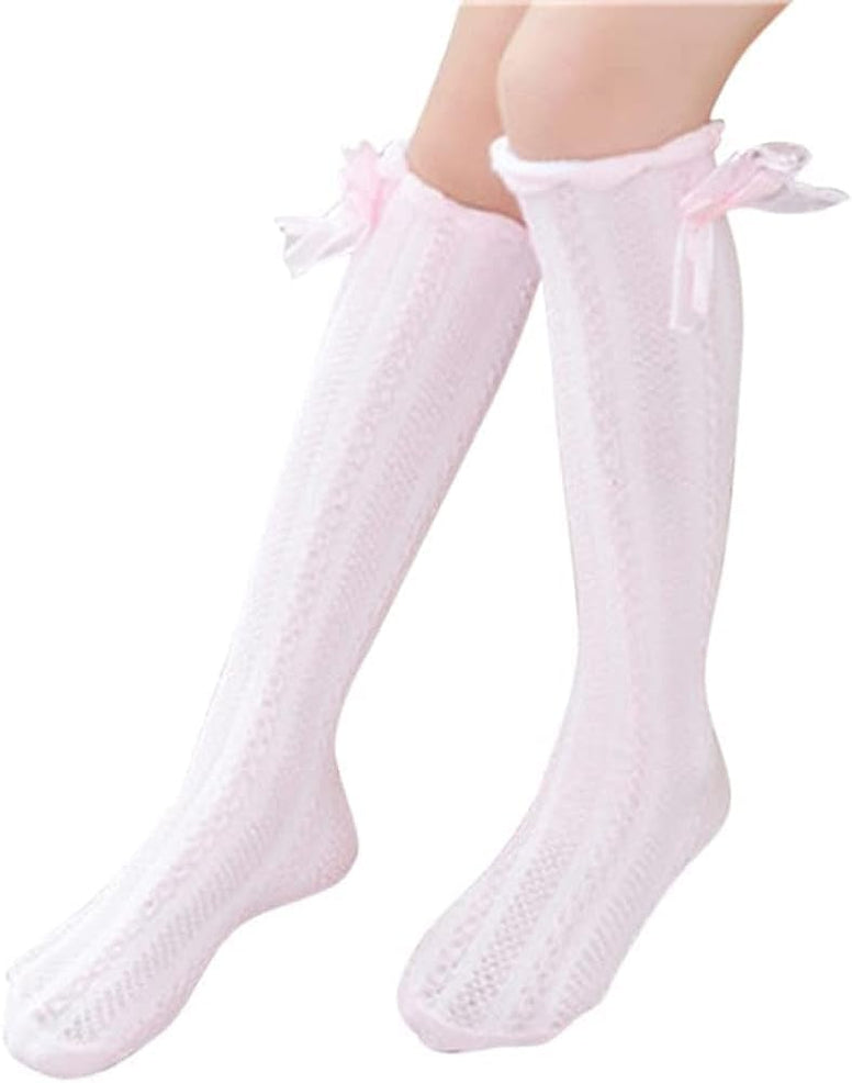 Girls Stockings, 4 Pairs Girl's Knee High Socks Over Calf Kids Overknee Stockings Bow Style,Lace Stocking Knit Knee High Cotton Socks for 2-12 Years