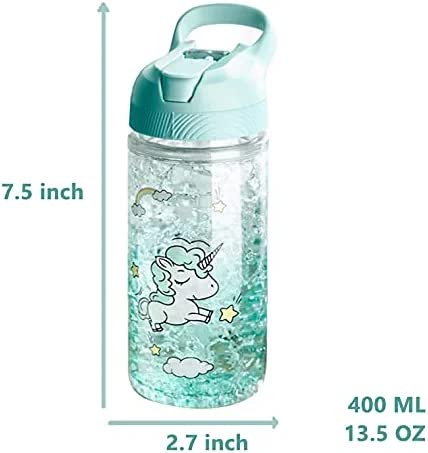 SYOSI Water Bottles, Cute Girls Water Bottles for School, Girls Unicorn Water Bottle with Straw and Safety lock, 400ML/13.5oz Kids Water Bottles for School Kids Girls, Green