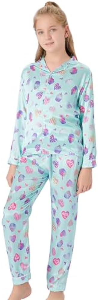 Satin Pajamas for Girls – Coat Style Unicorn Long Sleeve Silk Button Down PJ Set Size 6-16