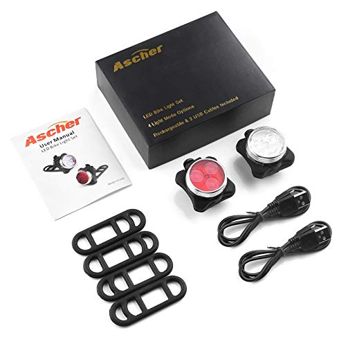 Ascher USB Rechargeable Bike Light Set,Super Bright Front Headlight and Rear LED Bicycle Light,650mah Lithium Battery,4 Light Mode Options(2 USB Cables and 4 Strap Included)