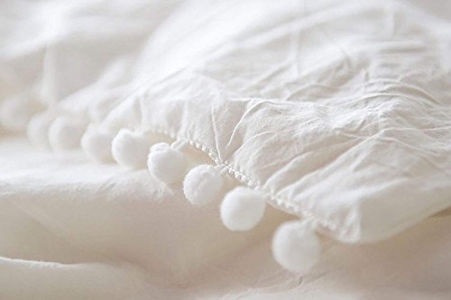 White Pom Pom Duvet Cover Fringed Cotton Cover Full Queen, 86“x90”