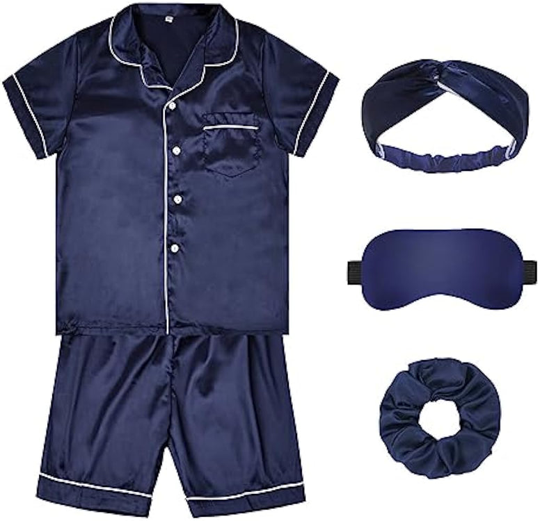 ALHAVONE Kids Girl Pajama Set with Headband Blindfold Hair Tie Toddler Boy Girl Satin Silky Button-up Pajama Sleepwear