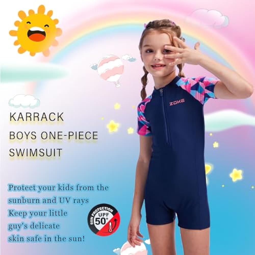 karrack Girls Long Sleeved One Piece Rash Guard Swimsuit Kid Water Sport Short Swimsuit UPF 50+ Sun Protection Bathing Suits