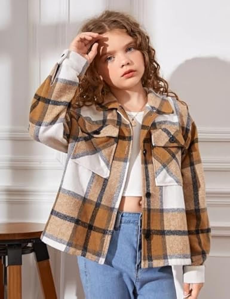 Fhniepan Girls Flannel Plaid Button Down Long Sleeve Shirt Jacket Shackets