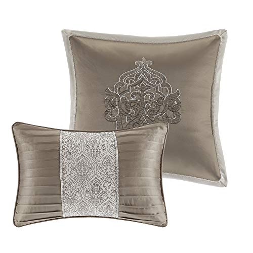 Madison Park Odette Cozy Comforter Set Jacquard Damask Medallion Design - Modern All Season, Down Alternative Bedding, Shams, Decorative Pillow, King(104 in x 92 in), Tan 8 Piece