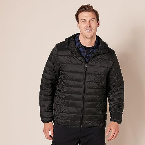 Metro Muscat Essentials Men's Lightweight Water-Resistant Packable Hooded Puffer Jacket, Black, Large