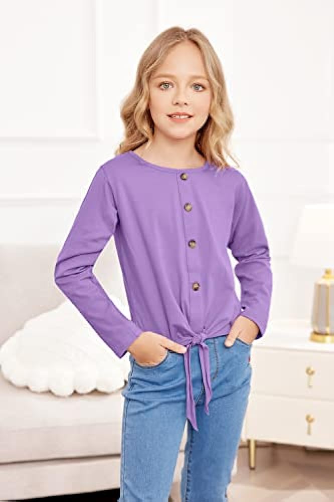 Hopeac Girls Long Sleeve Shirts Tie Front Knot Button Plain Cotton Casual Cute Tunic Tee Tops Blouse Undershirt