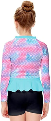 AOBUTE Girls Rash Guard Shirt Raglan Long Sleeve Ruffle Hem Swim Tops 3-12 Years