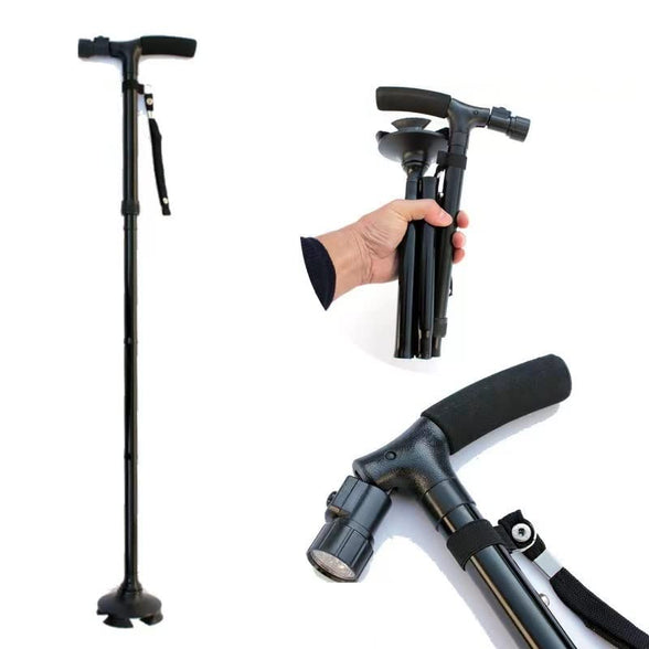 Folding Cane with Led Light, Adjustable Canes and Walking Sticks for Men and Women, Walking Cane Stick for Elderly with Cushion Handle and Pivoting Quad Base for Hiking Mountain Climbing Backpacker