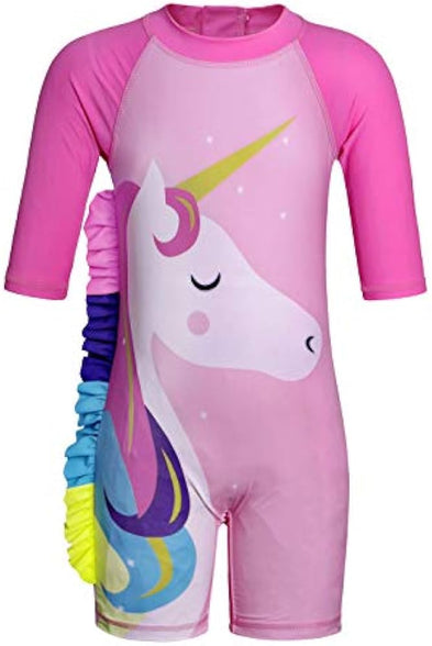 WonderBabe Unicorn/Flamingos Girls UV Swimsuit Kids Sun Protection Swimming Costume One Piece Round-Neck Swimwear Rash Guard Bathing Suit Surfing Sunsuit 1-8 Years