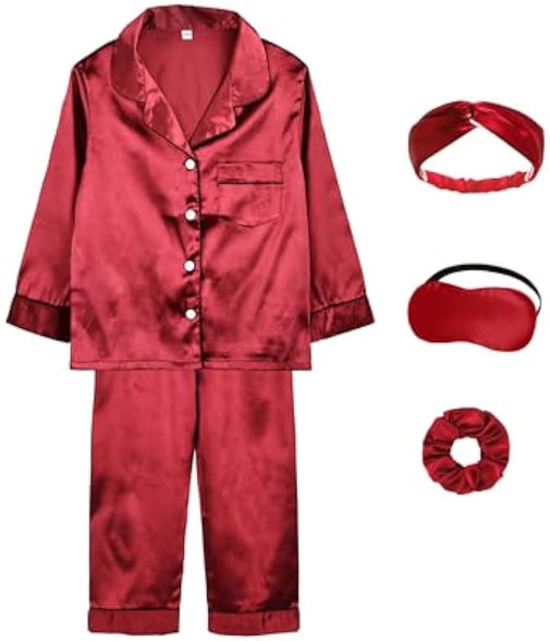 ALHAVONE Kids Girl Pajama Set with Headband Blindfold Hair Tie Toddler Boy Girl Satin Silky Button-up Pajama Sleepwear