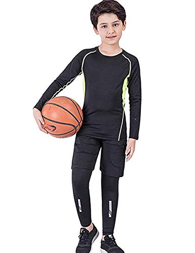 BUYKUD Kids' Boys 3PCS Long Sleeve Base Layer Compression Athletic Shirt Tights Top & Bottom Underwear Sports Set